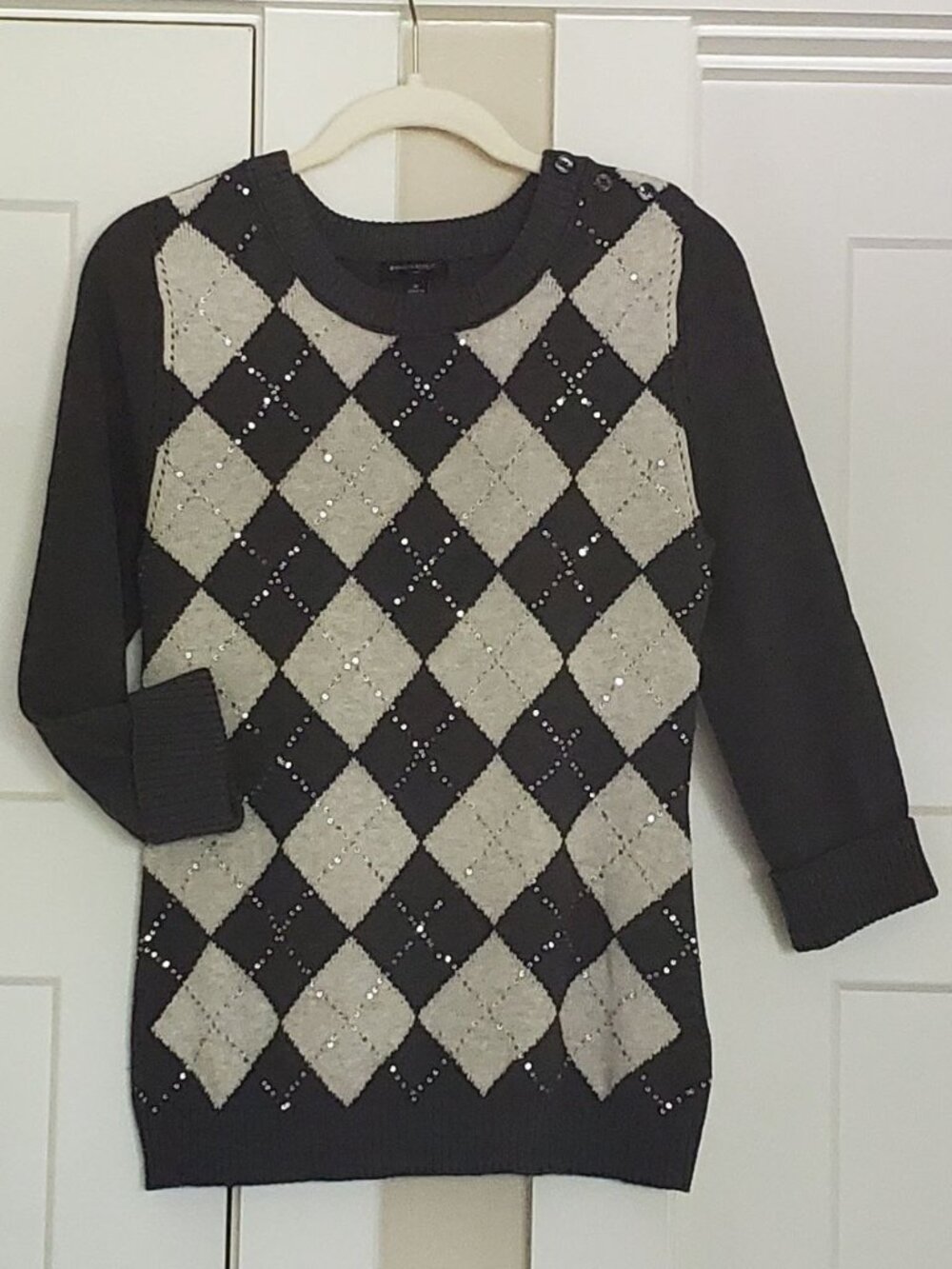 Banana Republic Beaded Argyle Charcoal Gray Knit Sweater M